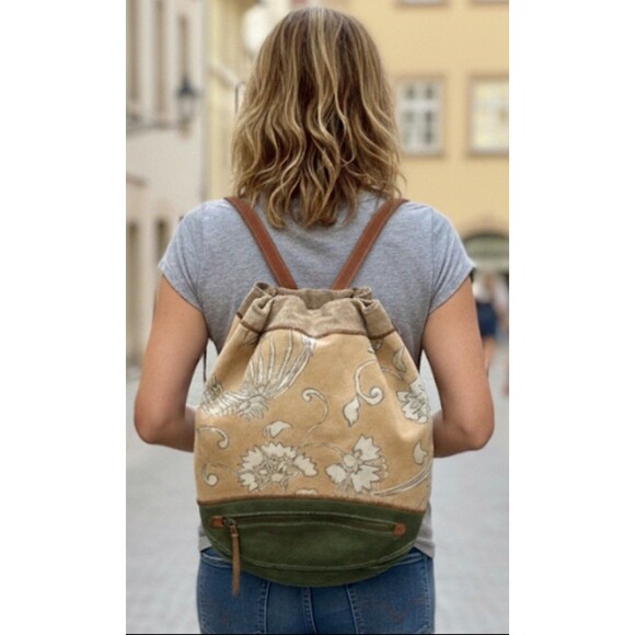 LUCKY Vintage inspired Brown leather Tan Floral Canvas Green Suede Y2K Backpack - Picture 1 of 6
